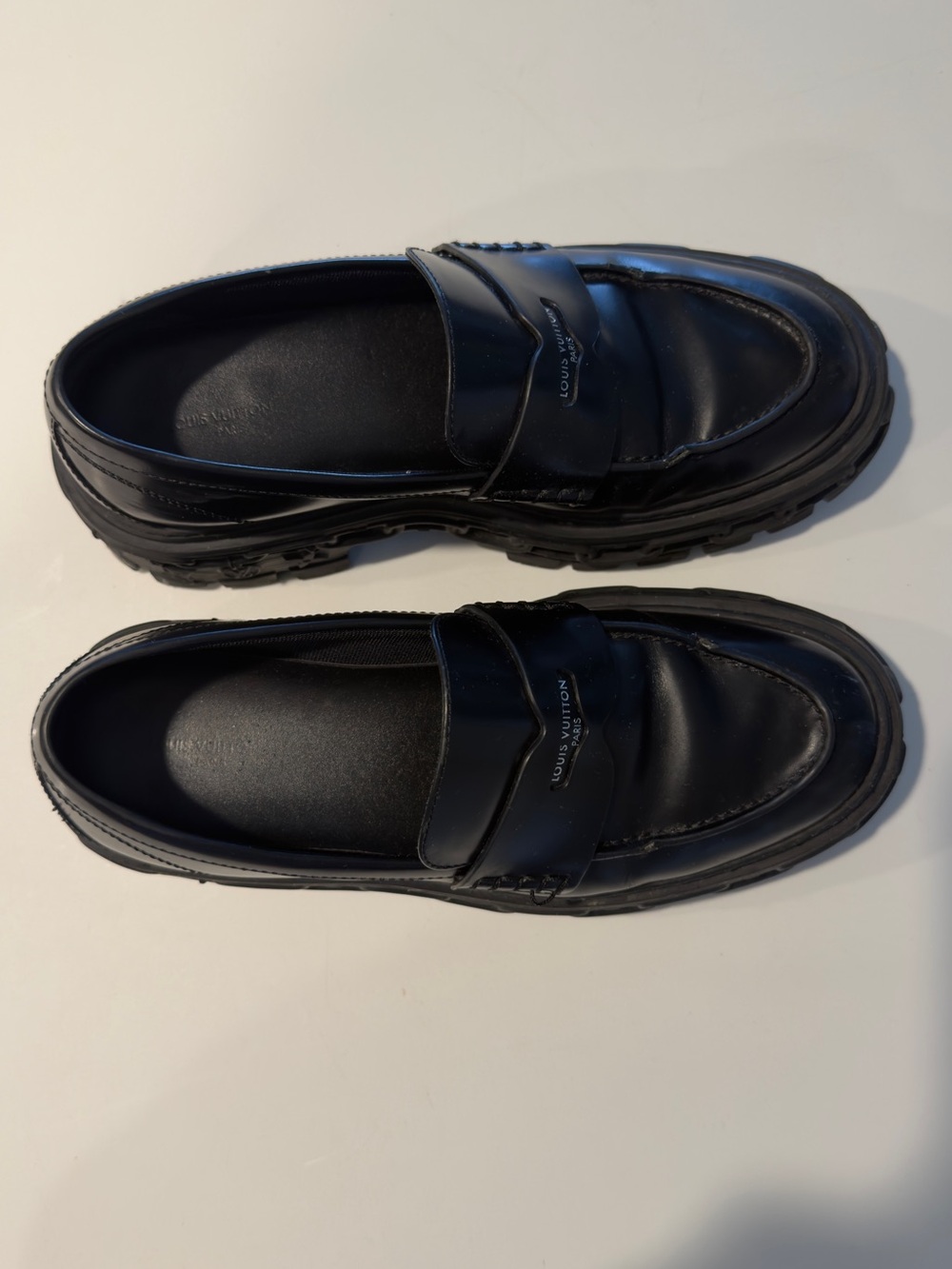 Louis Vuitton Black Leather Penny Loafers with Lug Sole